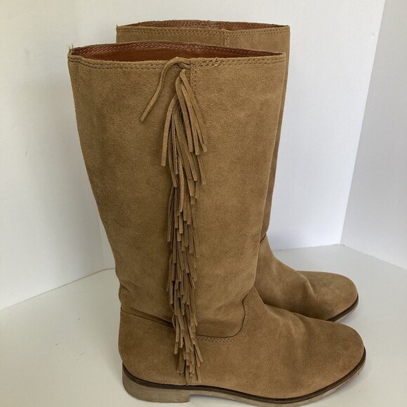 Lucky Brand Boot LK Grayer 7.5M Suede Tan Pullon Flyaway Fringe Mid-Calf Western - Picture 2 of 11